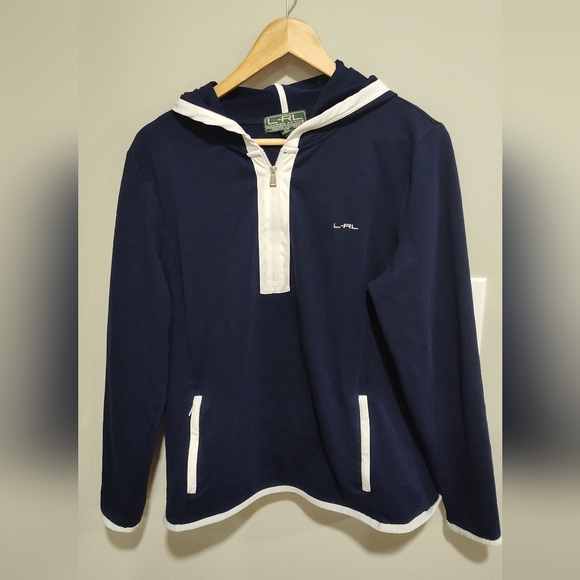 Lauren Ralph Lauren Women's 1/2 Zip Long Sleeve Pullover Hoodie Navy White XL - Picture 1 of 7